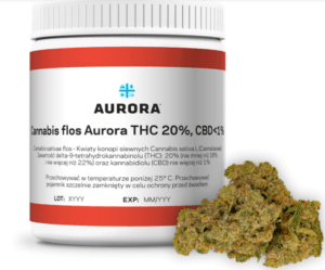 Opakowanie medycznej marihuany, Aurora 20 THC Pink Kush, Białe opakowanie z zakrętką o pojemności 10g z topkami