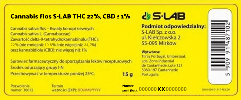 Żółta Etykieta Cannabis flos S-LAB THC 18%, CBD
